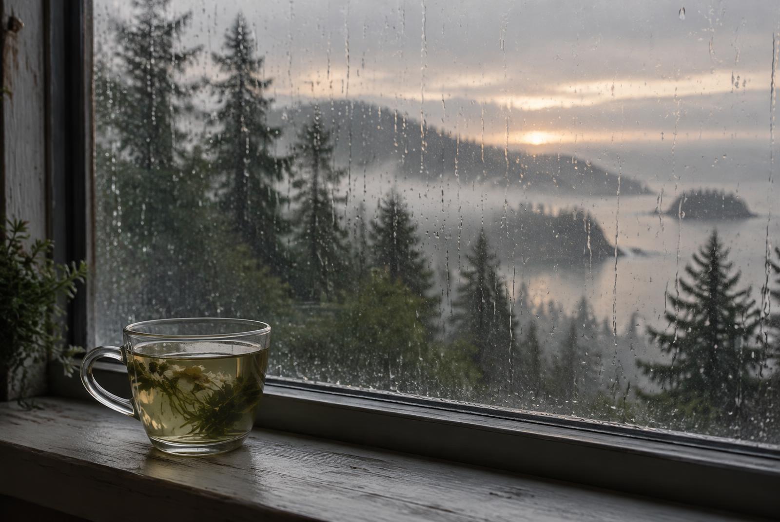 Rain running down a window at first light, dark evergreens and coastal mist beyond, and a plain glass cup of pale infusion on the sill.