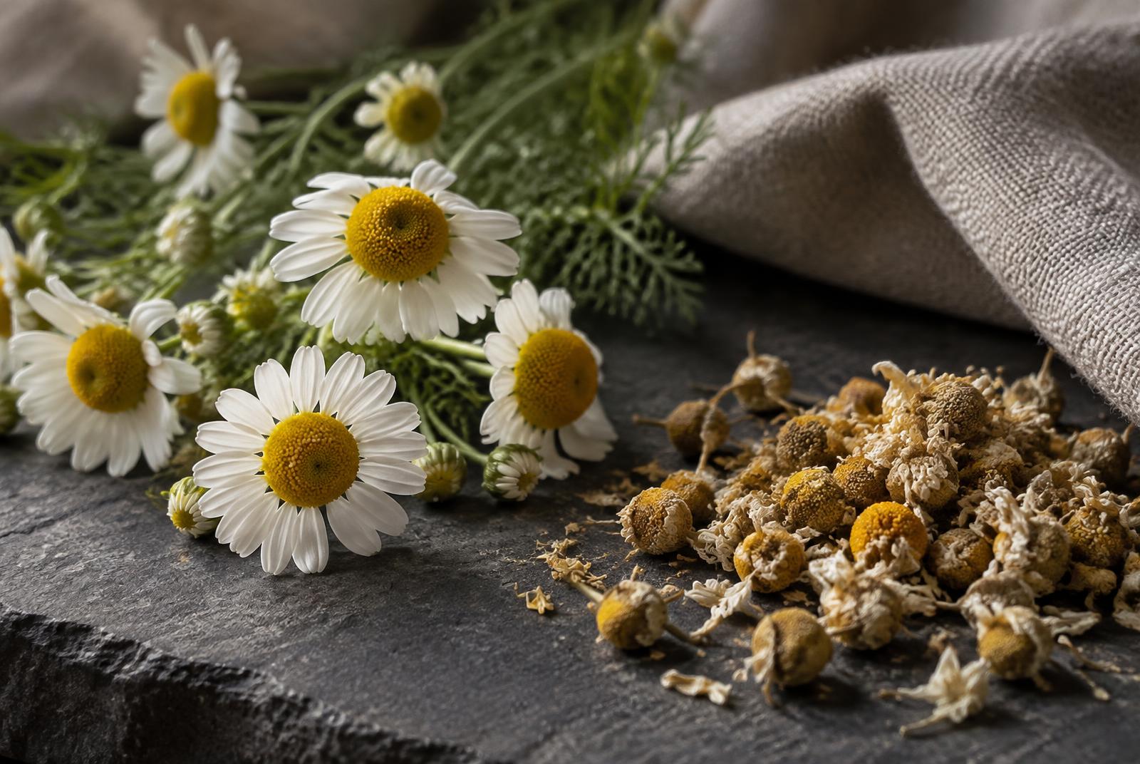Fresh German chamomile flowers with white ray petals and domed yellow centres beside a heap of dried flower heads on dark stone.
