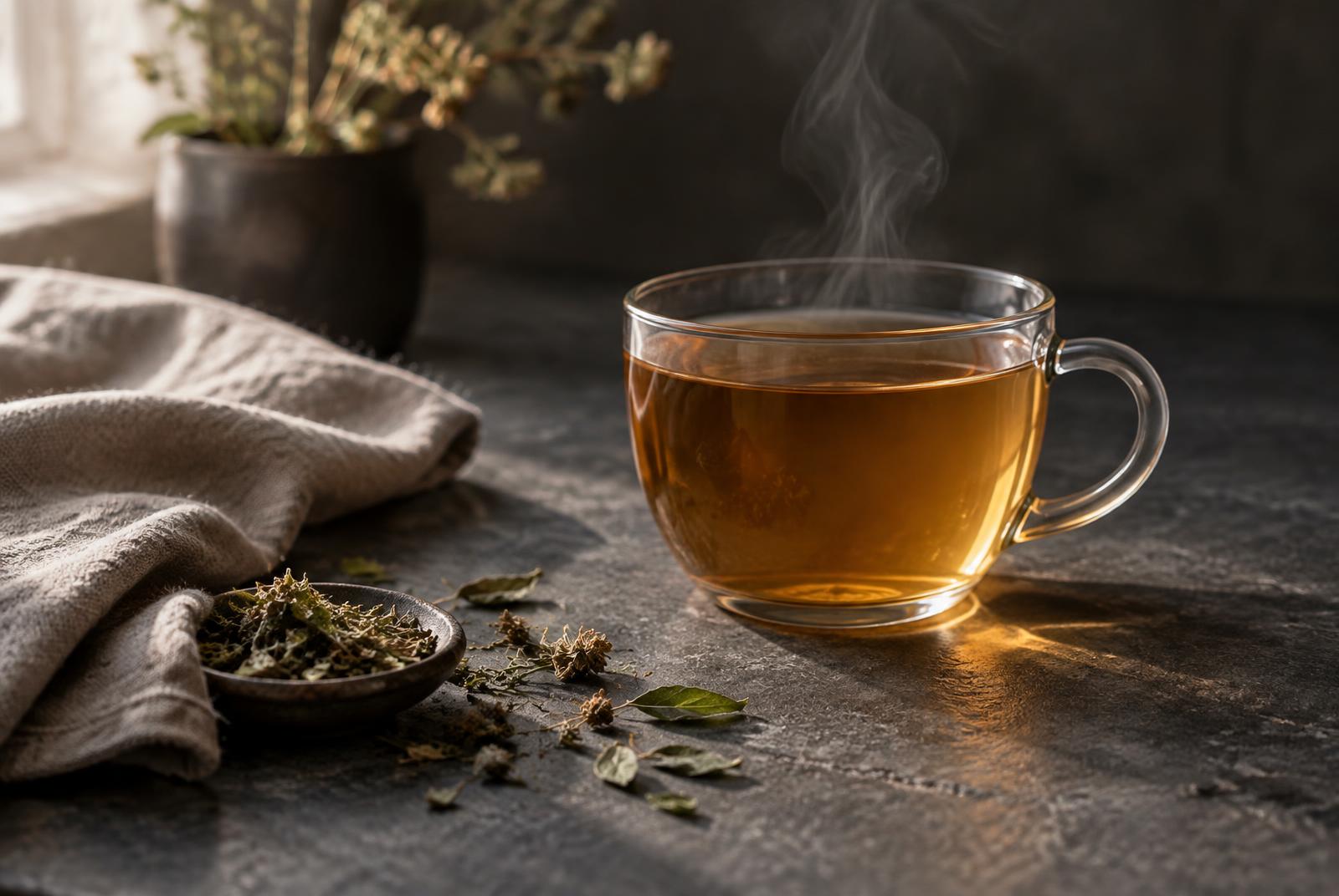 A plain glass cup of clear amber infusion with faint steam, beside folded linen and a dish of dried leaf on dark stone.
