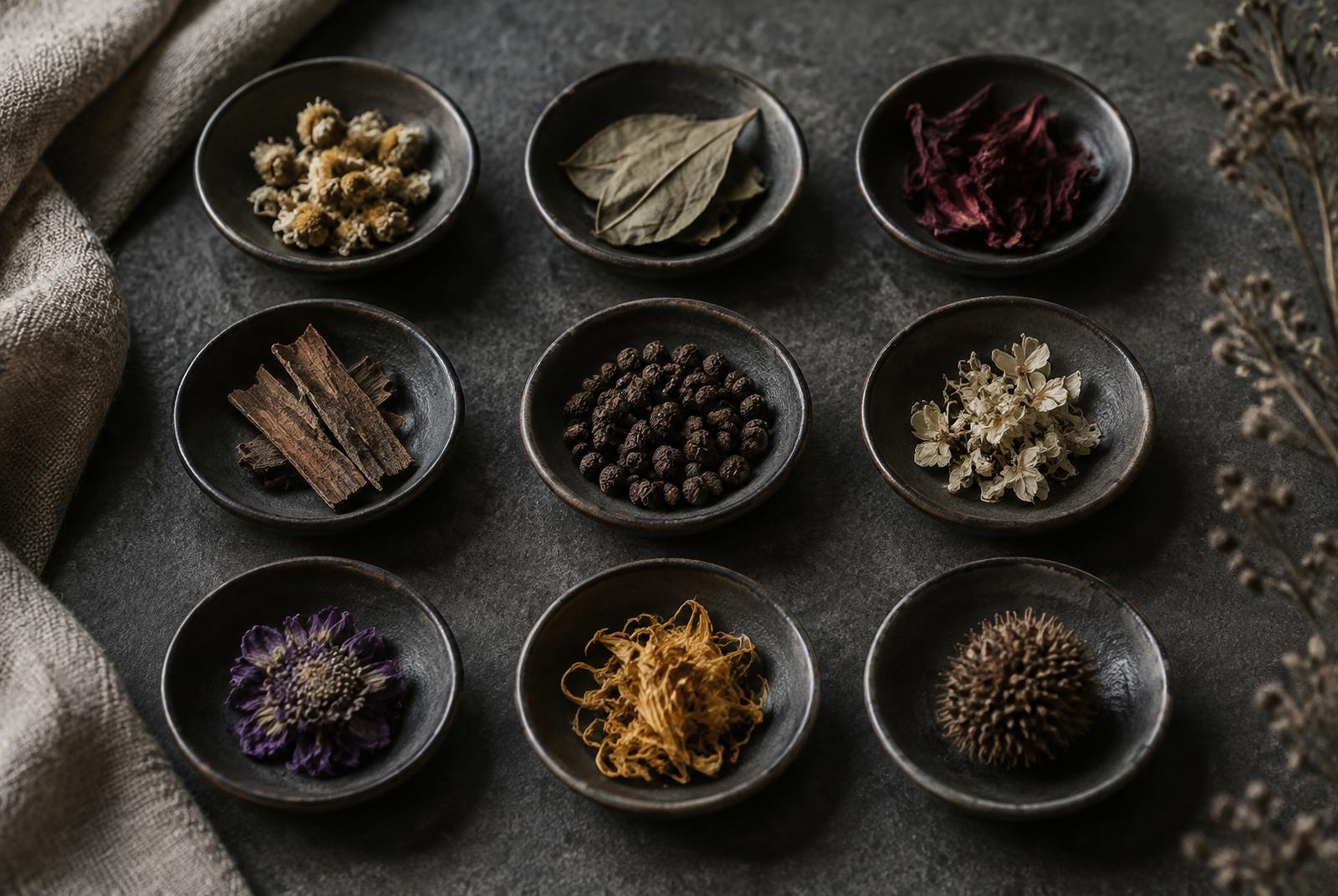 Nine small dark dishes set out in a grid, each holding a different dried botanical: flower heads, leaf, bark, seed and petal.