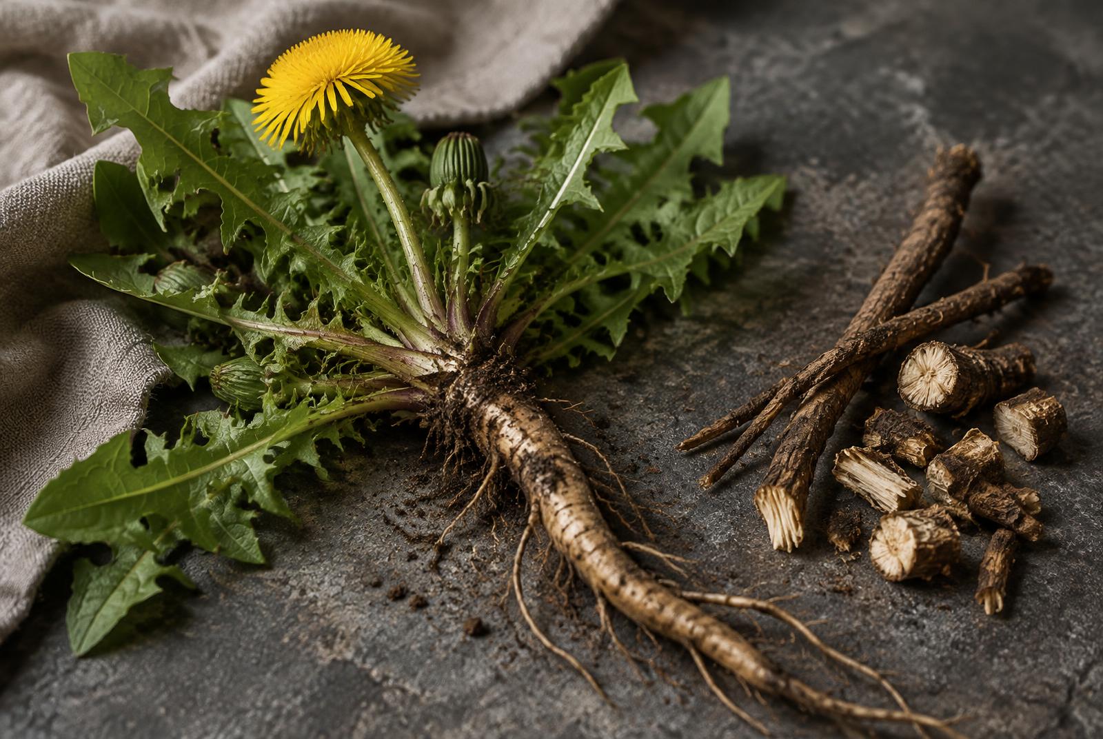 A whole dandelion plant with jagged leaves, a yellow flower head and a washed taproot, beside cut and dried root pieces.