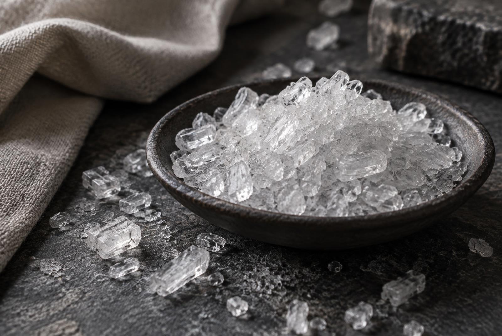 Colourless crystalline magnesium sulfate crystals heaped in a dark dish and scattered on dark stone.