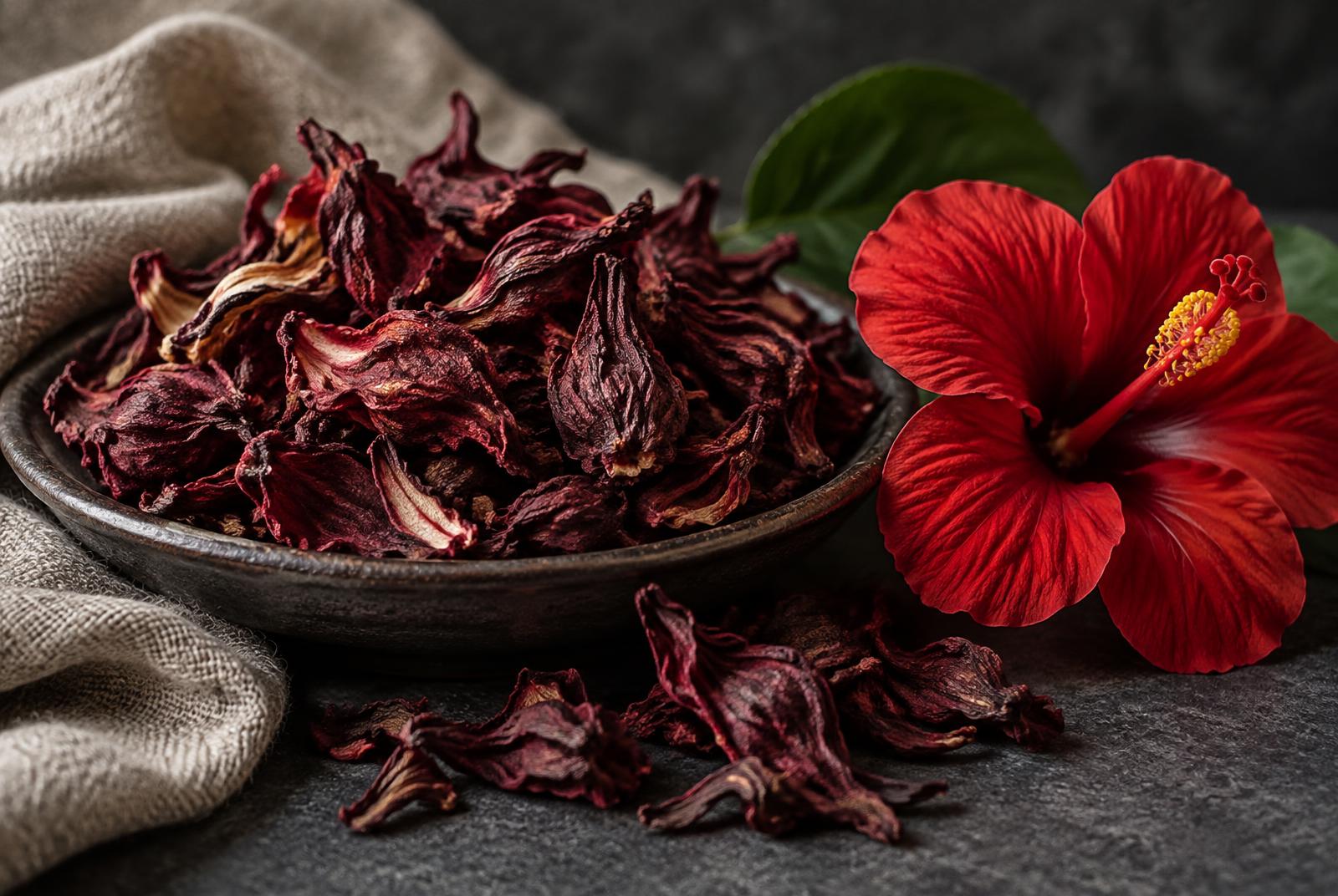 Deep crimson dried hibiscus calyces heaped in a dark dish beside a single fresh scarlet hibiscus flower.