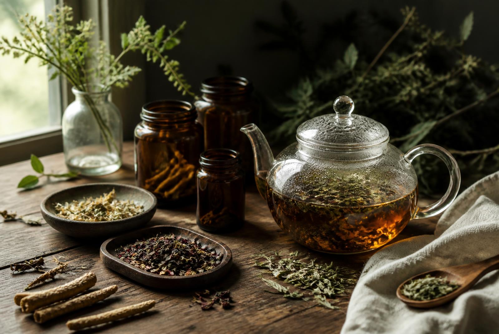 A glass teapot of amber herbal infusion on a dark wooden table, beside unlabelled amber jars, shallow dishes of dried leaf and root, and folded linen.