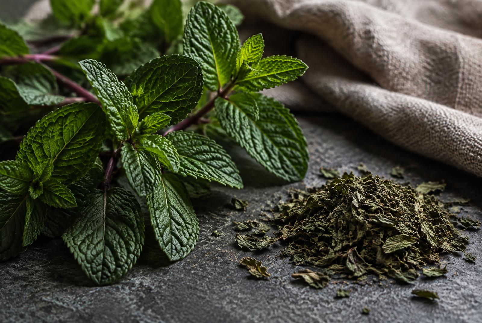 Fresh peppermint sprigs with crinkled deep green leaves and purple stems, beside a small pile of dried mint leaf on dark stone.