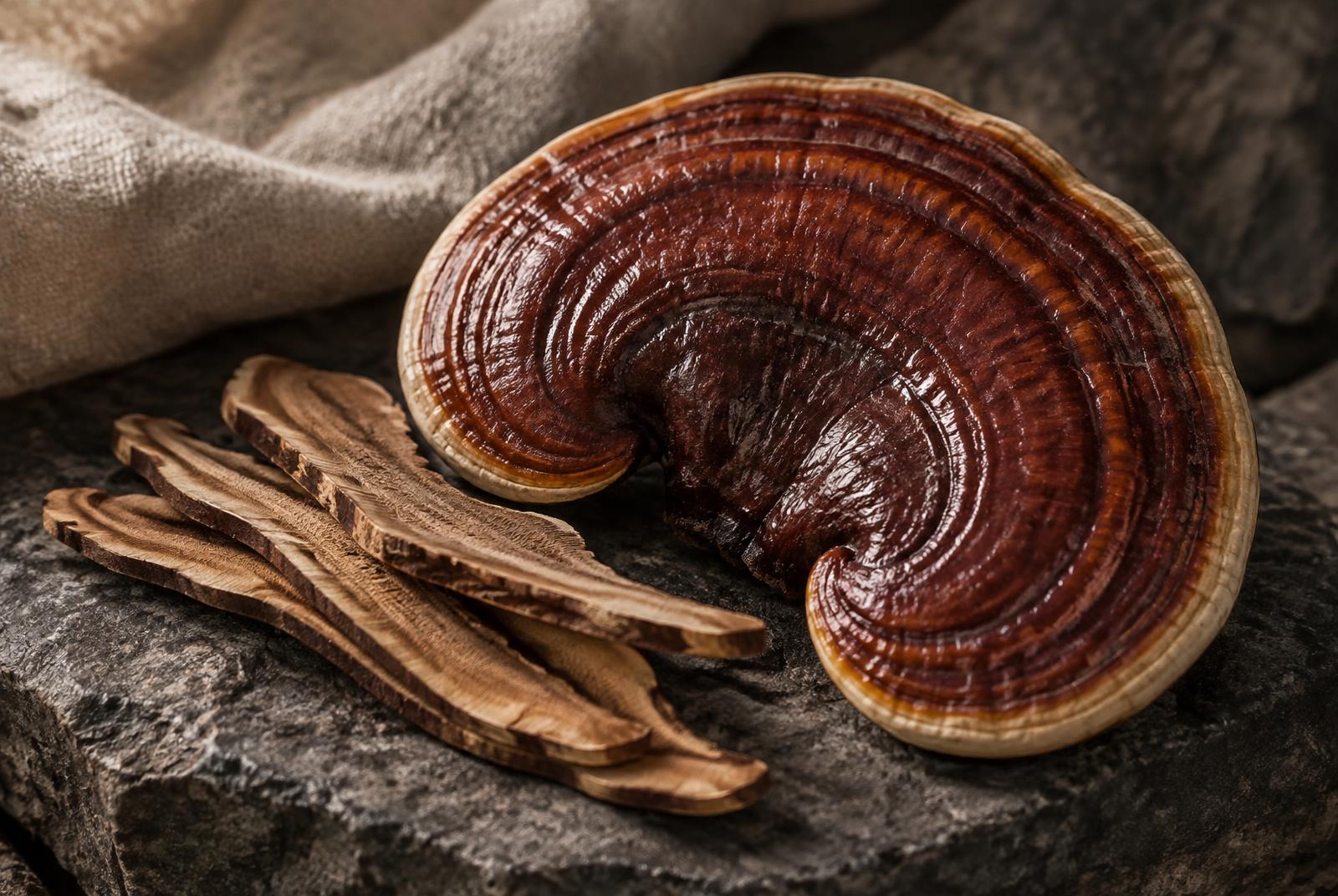 A glossy kidney-shaped reishi bracket fungus with concentric red-brown rings and a pale rim, beside dried slices.