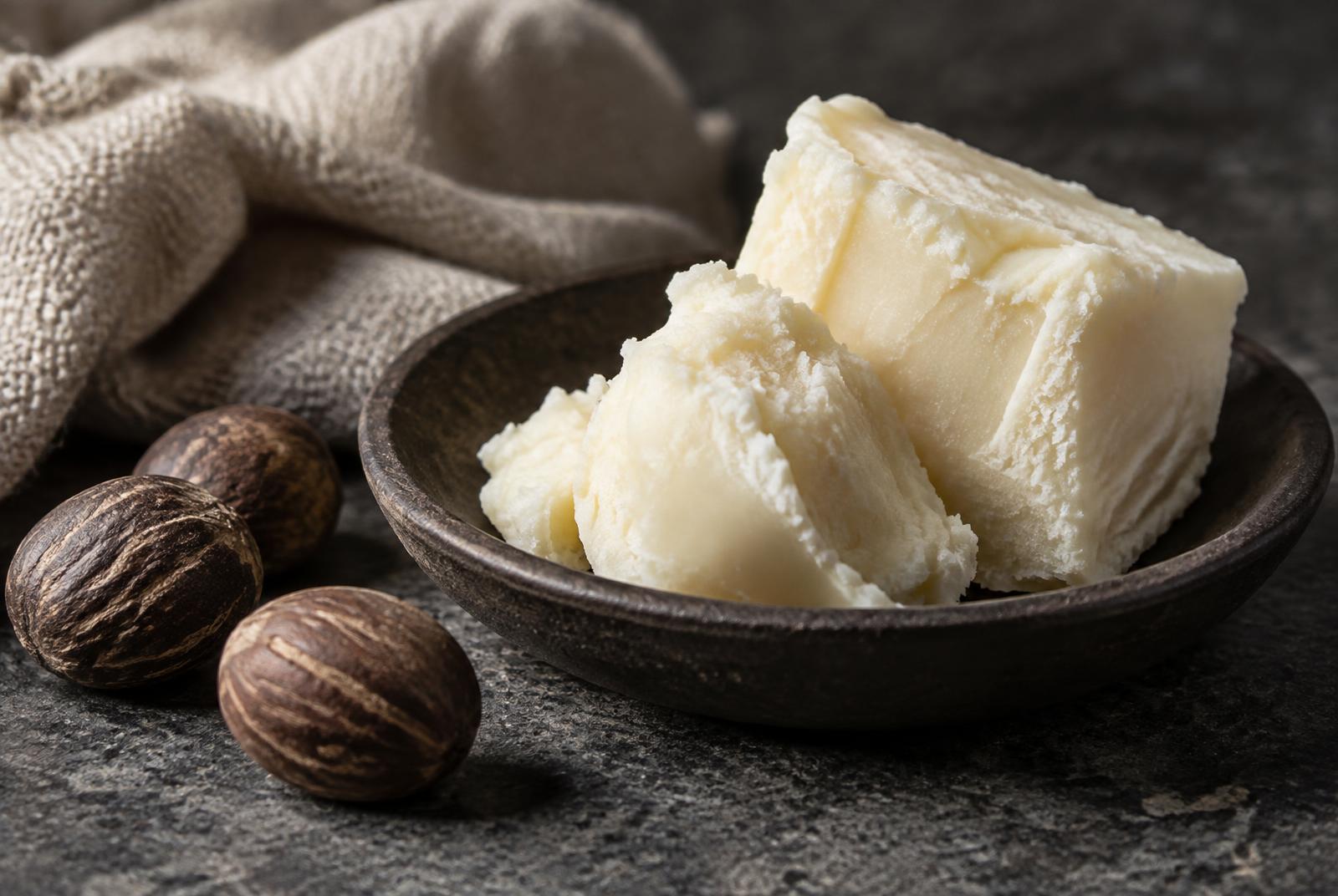 Ivory unrefined shea butter in a dark dish beside whole brown shea nuts on dark stone.