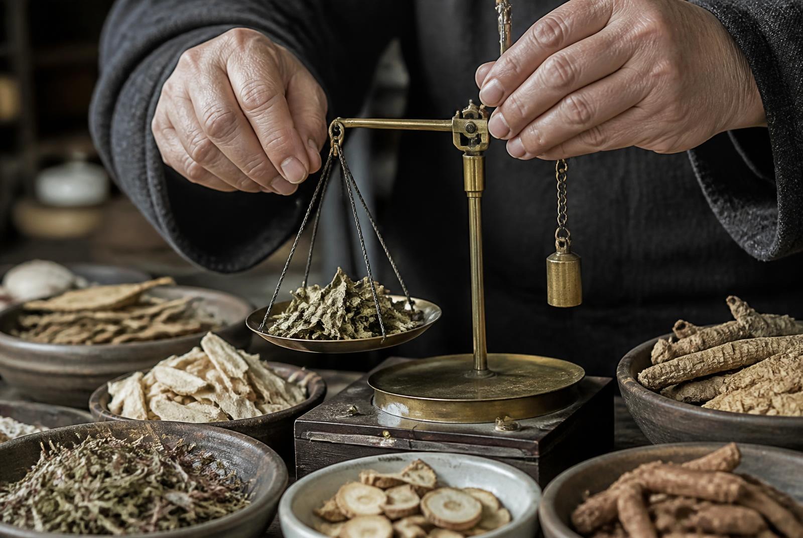 Two hands holding a small brass balance scale over shallow dishes of dried roots and leaves on an apothecary workbench.